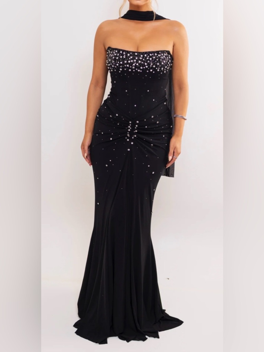 Black Crystal-Embellished Evening Gown